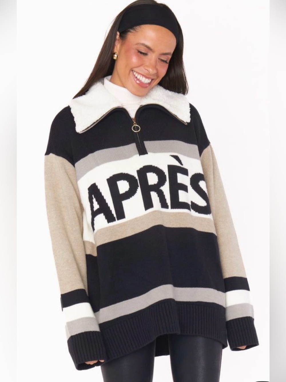 Show Me Your MuMu APRÈS Striped Sherpa-Collar Sweater - Black, Cream, Tan